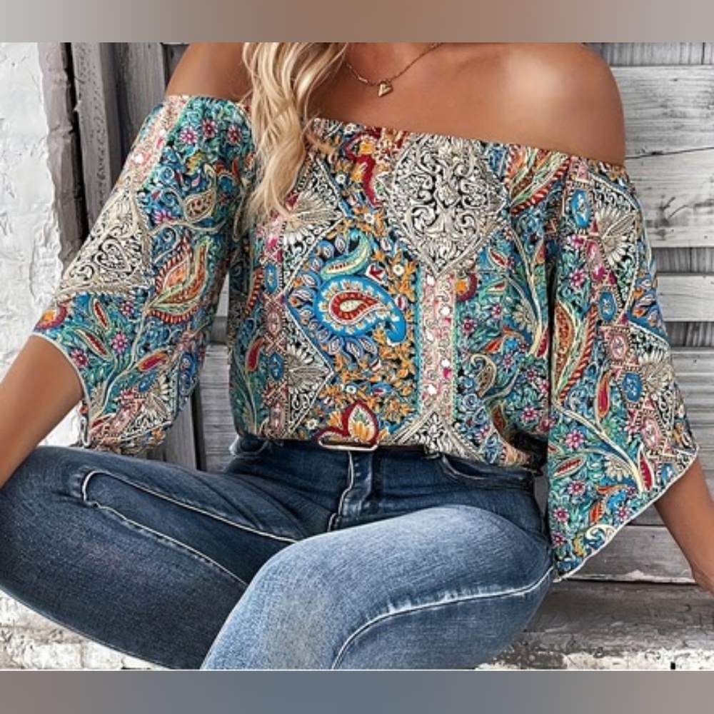 Colorful boho gypsy paisley print off the shoulder flutter sleeve top